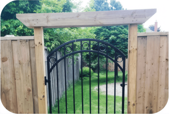 New black iron wrought gate in wood fence
